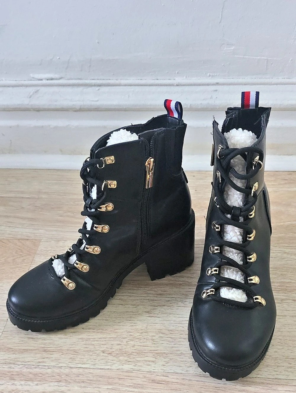 Tommy Hilfiger Faux-Shearling Trim Lace-Up Block Heel Boot Black